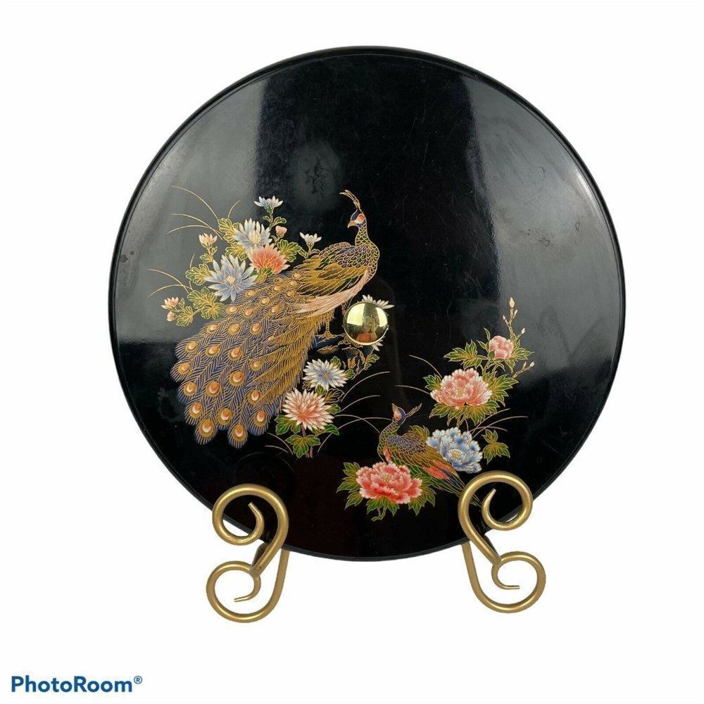 Vintage Peacock Stove Eye Burner Cover Black Gold Metallic Birds Flowers Peahen